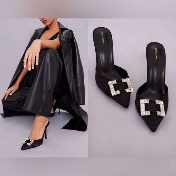 NWOT PLT Black Pointed Diamante Detail Heeled Mules Size 5 - Picture 1 of 6